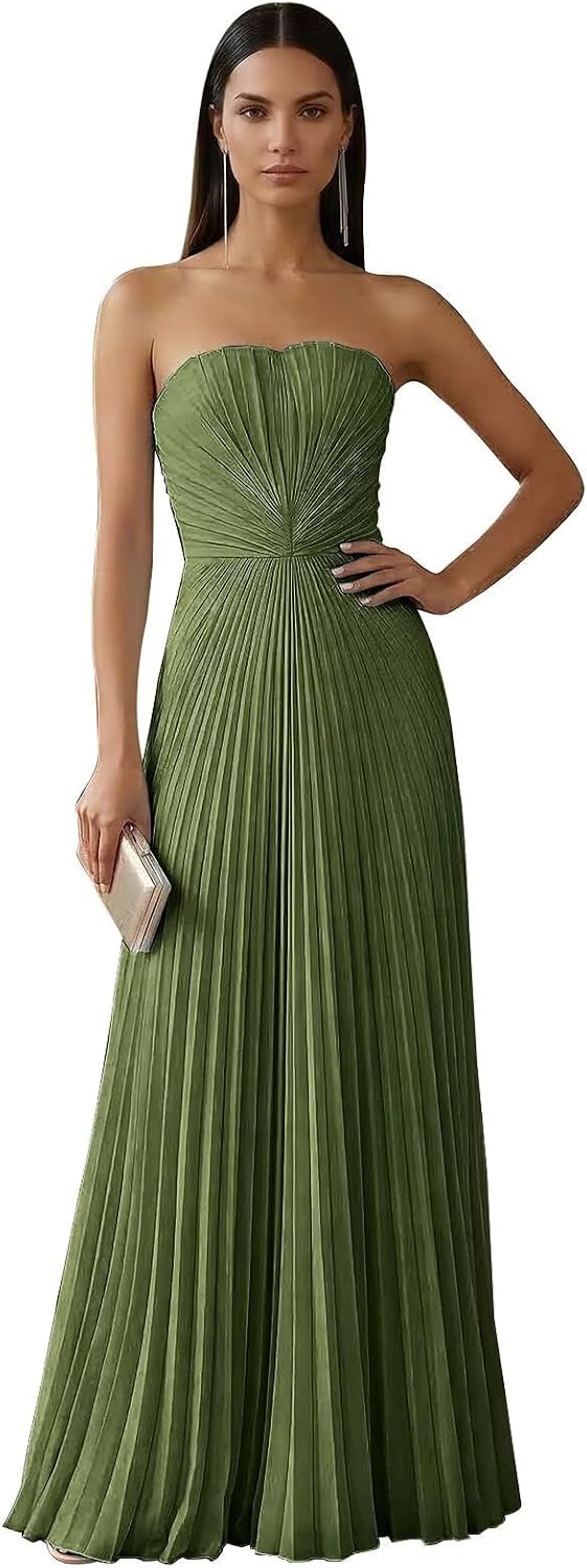 Strapless Prom Dresses for Women Long A Line Cocktail Dress Pleated Chiffon Formal Wedding Guest Dress