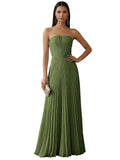 Strapless Prom Dresses for Women Long A Line Cocktail Dress Pleated Chiffon Formal Wedding Guest Dress