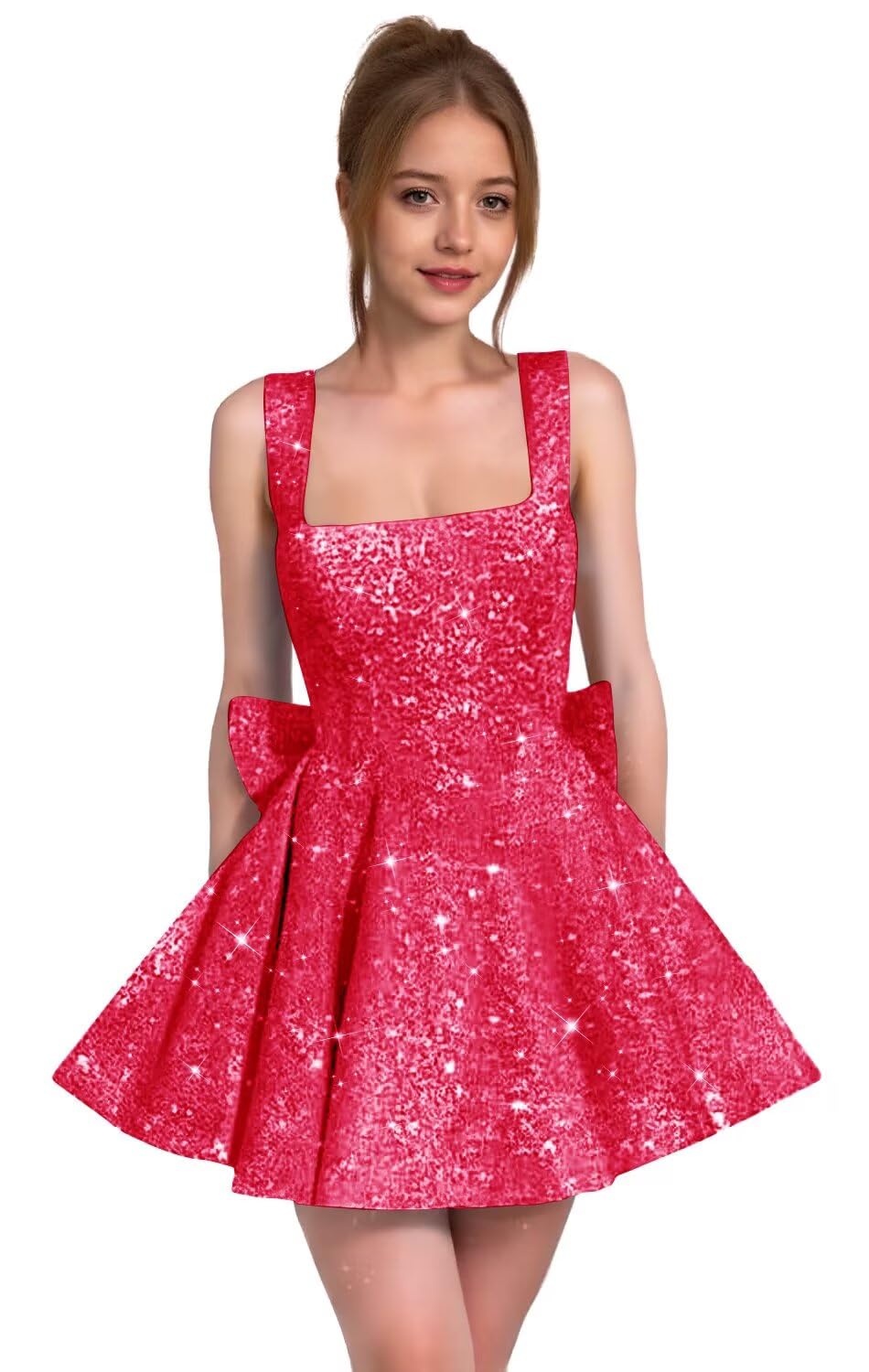 Sparkly Sequin Homecoming Dresses for Teens Short Prom Dress Square Neck Bow Formal Cocktail Gowns with Pockets