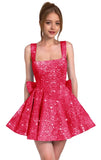 Sparkly Sequin Homecoming Dresses for Teens Short Prom Dress Square Neck Bow Formal Cocktail Gowns with Pockets