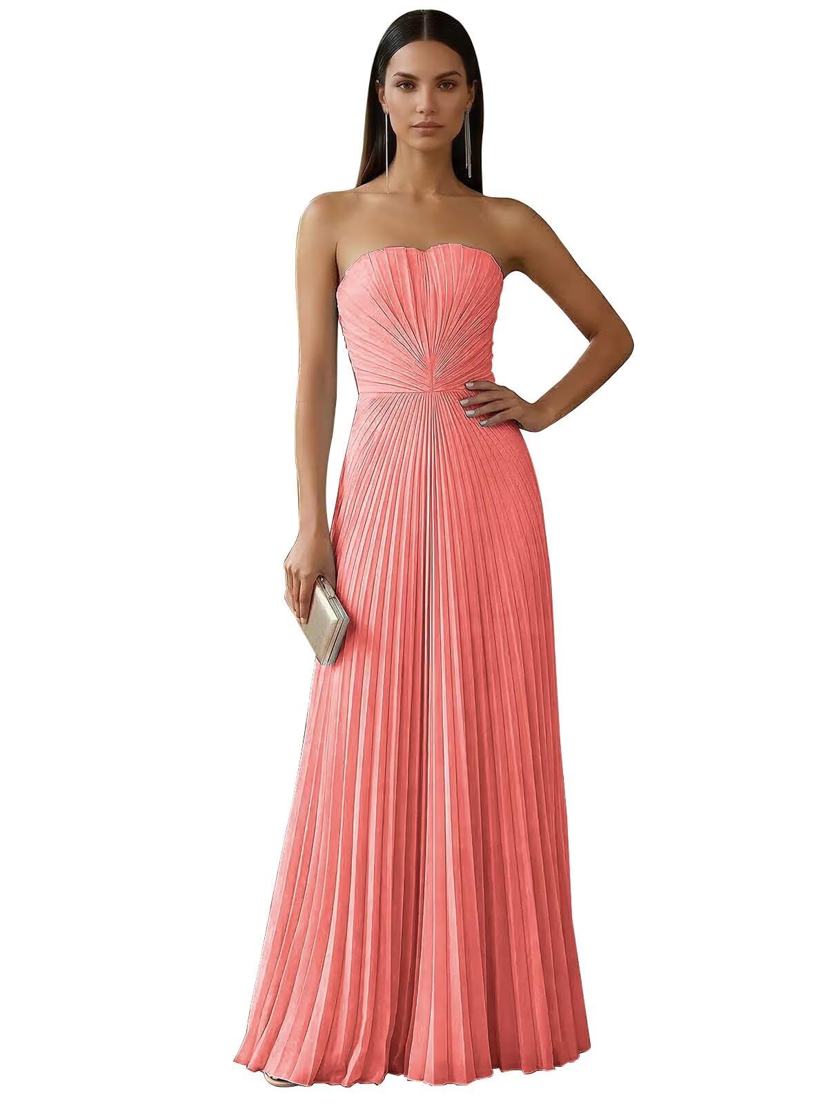 Strapless Prom Dresses for Women Long A Line Cocktail Dress Pleated Chiffon Formal Wedding Guest Dress