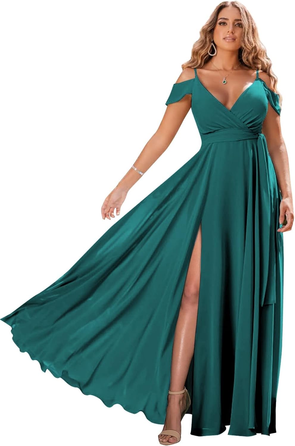 Schulterfreie Brautjungfernkleider 2025 für Frauen, langes Chiffon-Abendkleid mit V-Ausschnitt und Schlitz