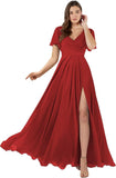 Damen Brautjungfernkleider mit Flatterärmeln, lang, mit Schlitz, V-Ausschnitt, Chiffon, formelle Kleider 