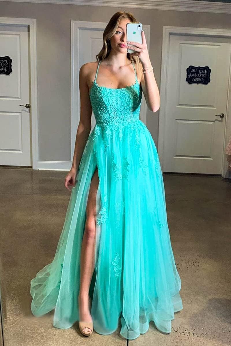 Women's Lace Criss-Cross Prom Dresses with Slit Spaghetti Straps Long Formal Evening Gowns