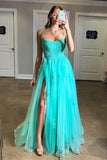 Women's Lace Criss-Cross Prom Dresses with Slit Spaghetti Straps Long Formal Evening Gowns