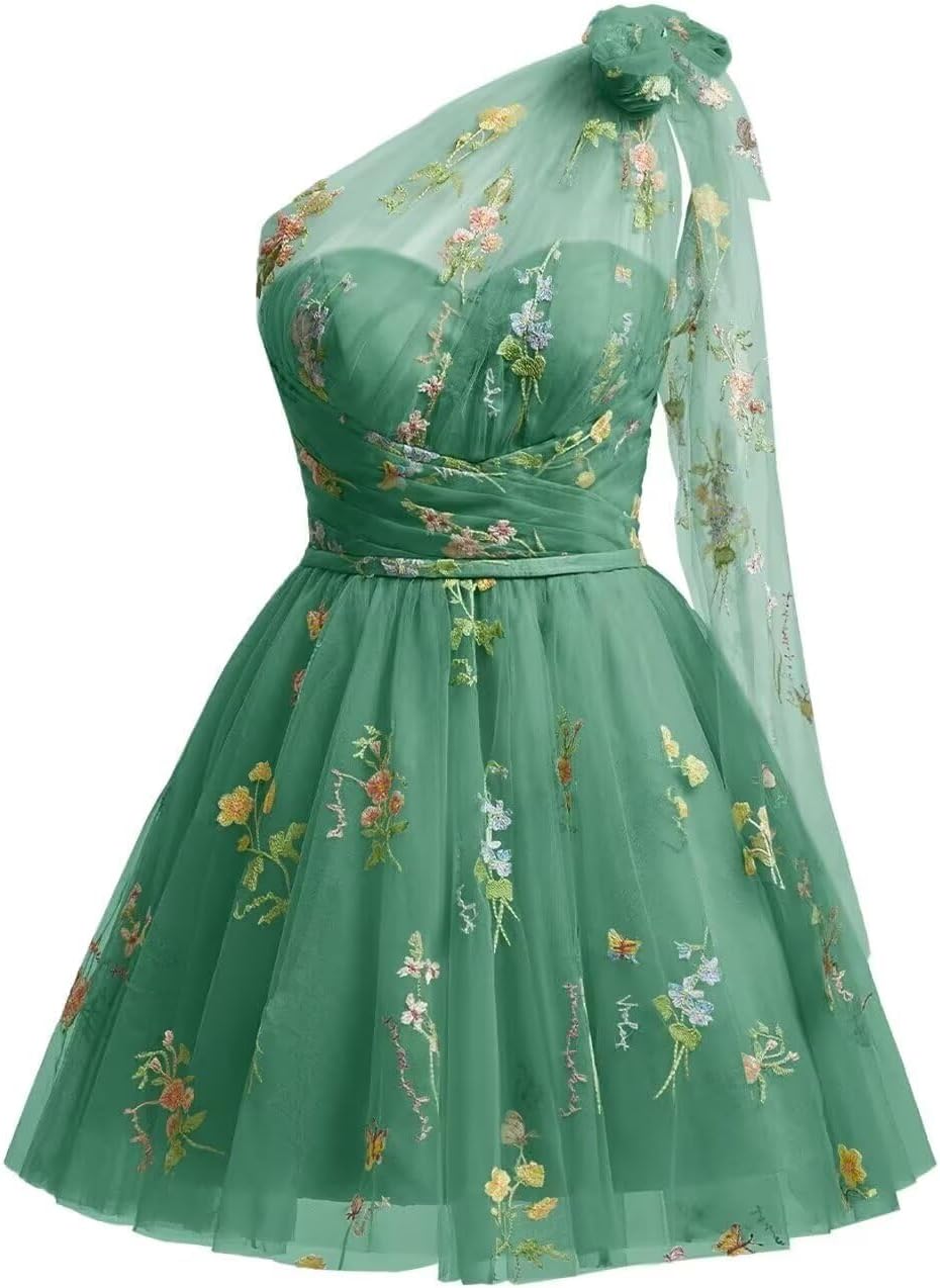 One Shoulder Homecoming Dresses for Teens Flower Embroidery Tulle Short Prom Dress A-Line Formal Party Ball Gowns