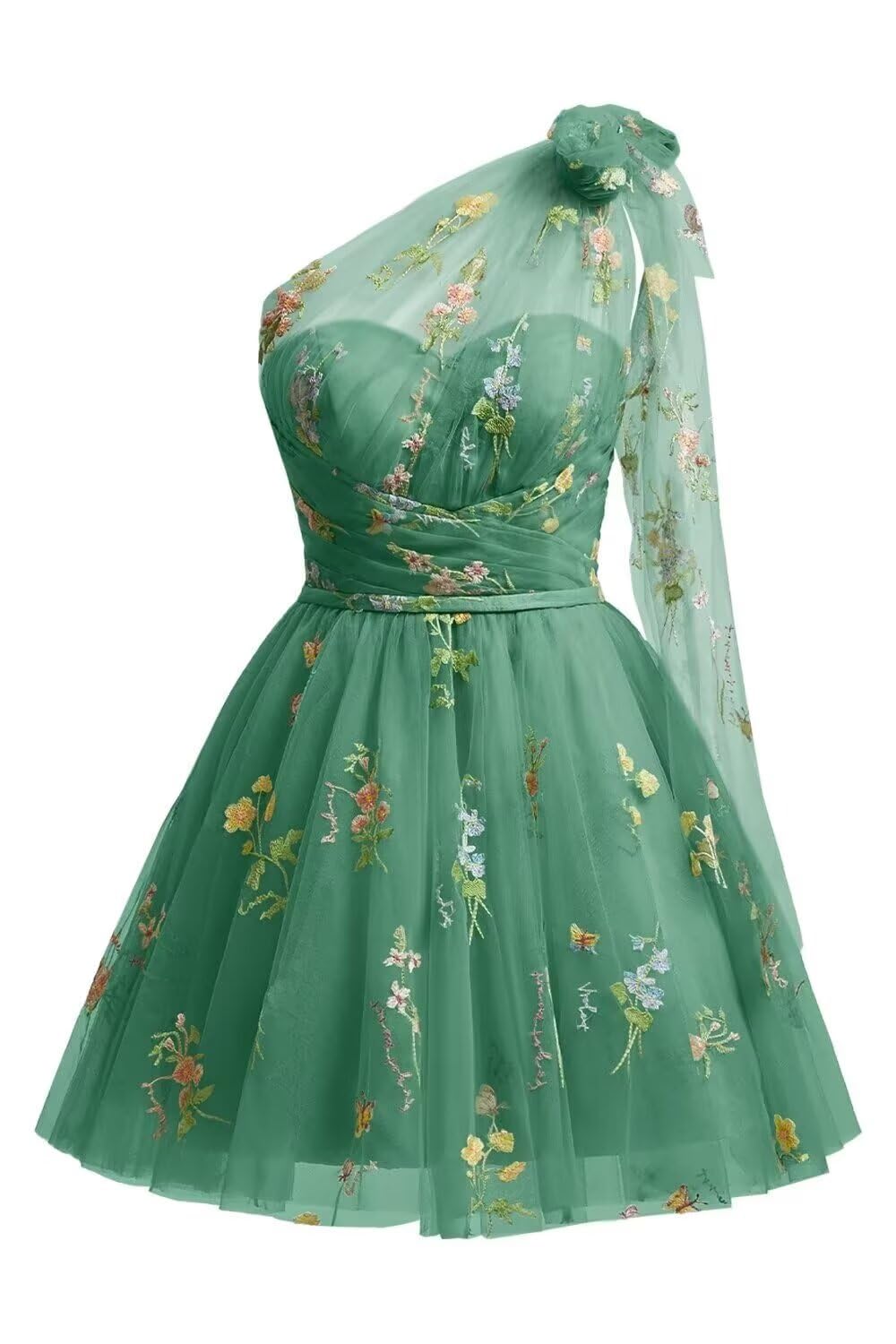 One Shoulder Homecoming Dresses for Teens Flower Embroidery Tulle Short Prom Dress A-Line Formal Party Ball Gowns