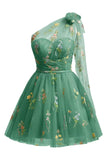 One Shoulder Homecoming Dresses for Teens Flower Embroidery Tulle Short Prom Dress A-Line Formal Party Ball Gowns