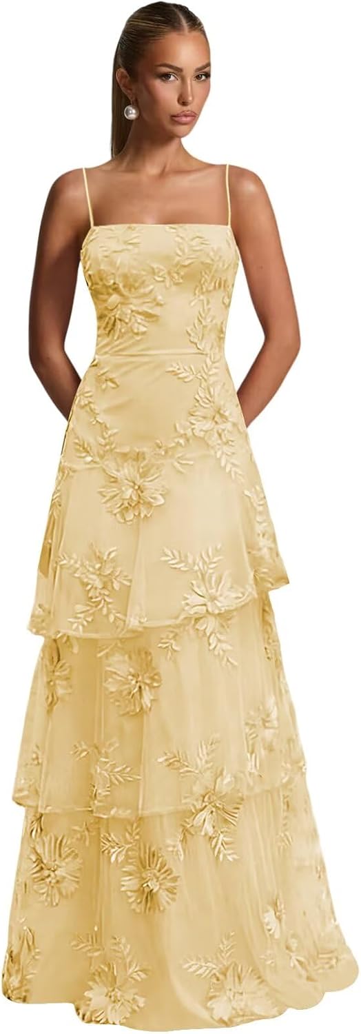 Ruffle Floral Embroidery Prom Dress Long A Line Tiered Bridesmaid Dresses Formal Evening Gowns