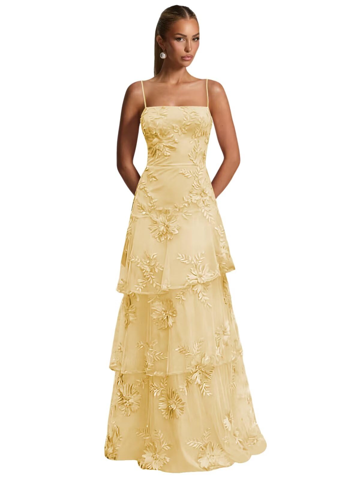 Ruffle Floral Embroidery Prom Dress Long A Line Tiered Bridesmaid Dresses Formal Evening Gowns