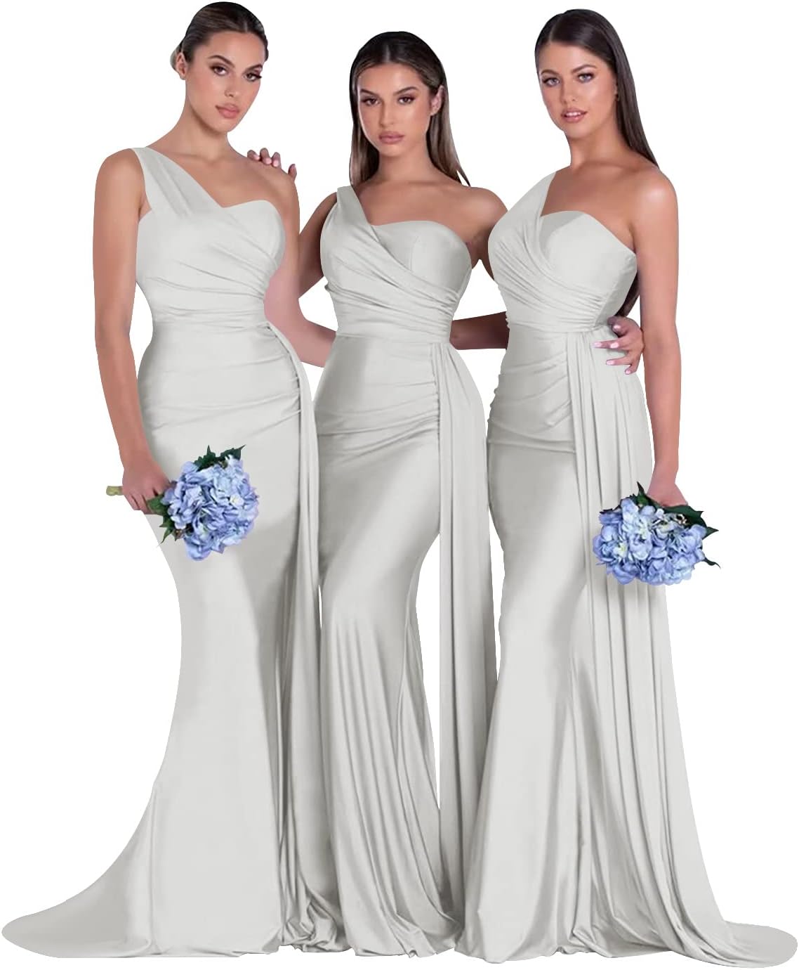 Women's One Shoulder Mermaid Bridesmaid Dresses Long Ruched Bodycon Satin Formal Prom Gowns
