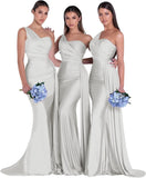 Women's One Shoulder Mermaid Bridesmaid Dresses Long Ruched Bodycon Satin Formal Prom Gowns