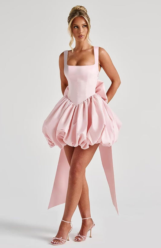 Satin Homecoming Dresses for Teens 2026 Spaghetti Straps Puffy Mini Cocktail Party Dresses with Bow