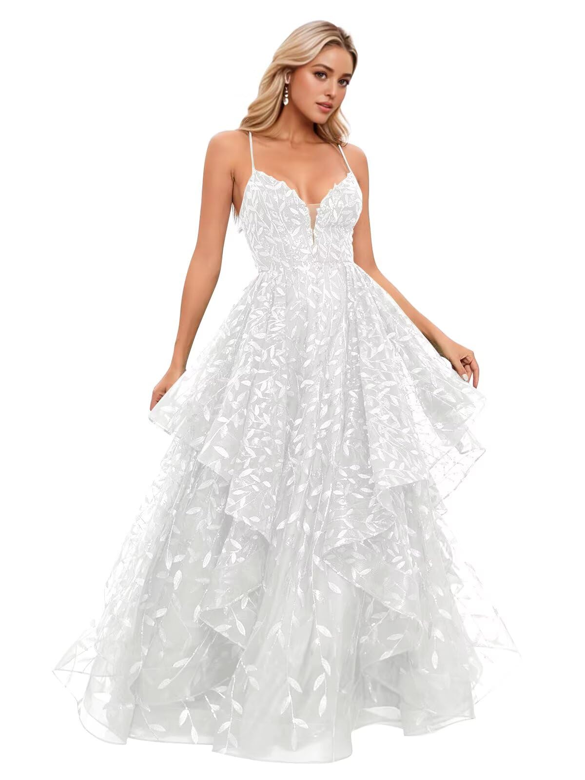 Spaghetti Strap Prom Dresses for Women V Neck Sparkly Sequin Tulle Tiered Ball Gown Long Formal Evening Dress