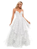 Spaghetti Strap Prom Dresses for Women V Neck Sparkly Sequin Tulle Tiered Ball Gown Long Formal Evening Dress