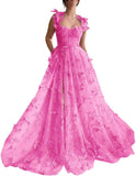 Vestidos de fiesta largos de tul con mariposas 3D para adolescentes, vestidos de fiesta formales de noche bordados con abertura 