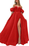 Tulle Prom Dresses for Women 2027 Sparkly Puffy Sleeves Long Ball Gowns with Slit A-Line Evening Dresses