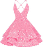 Vestidos de fiesta cortos con lentejuelas brillantes para adolescentes, sexy, con tirantes finos, vestido de fiesta, vestido de cóctel con cuello halter 