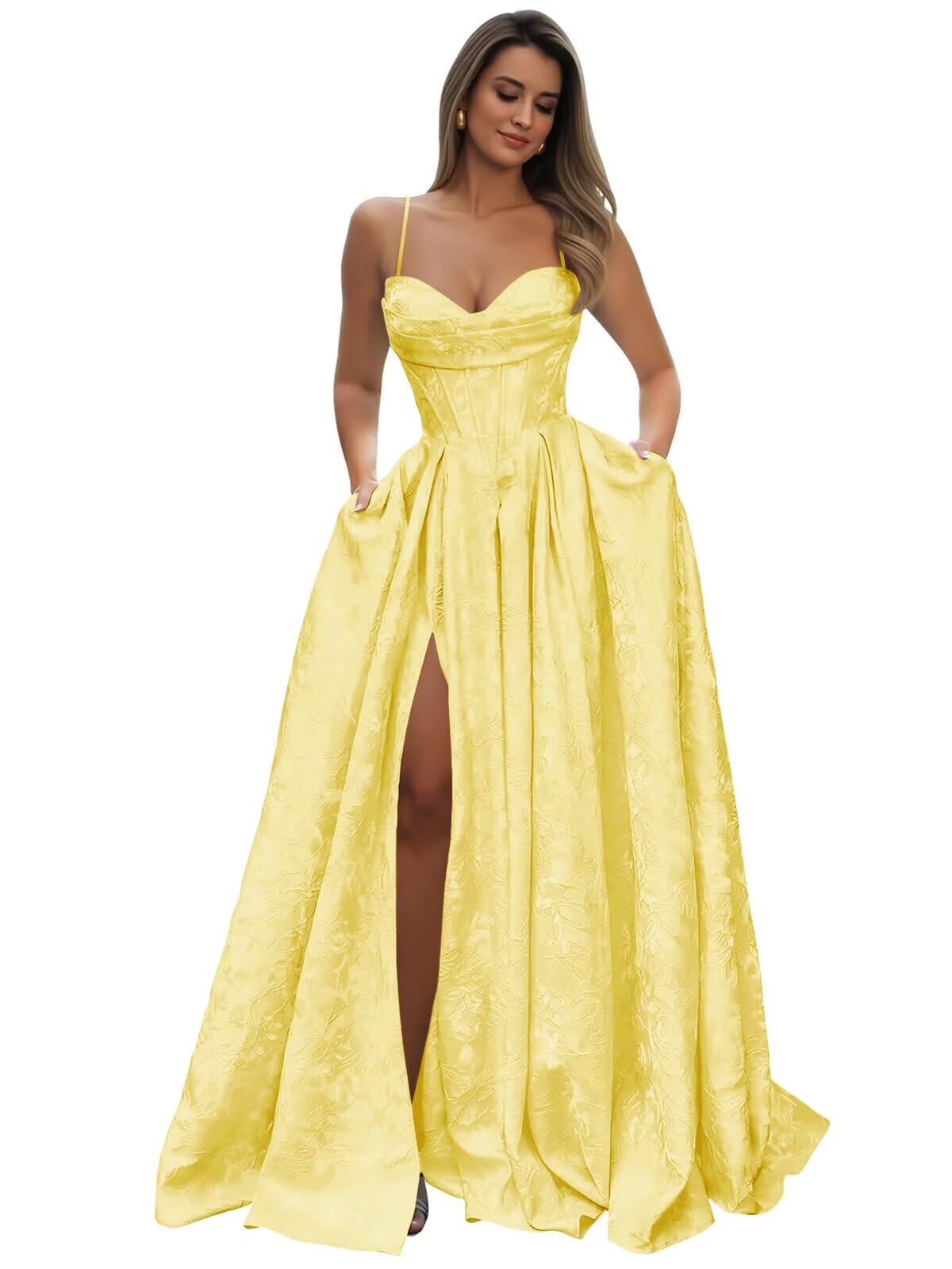 Satin Spaghetti Straps Prom Dresses for Women Jacquard Aline Backless Formal Evening Party Ball Gowns with Pockets