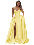 Satin Spaghetti Straps Prom Dresses for Women Jacquard Aline Backless Formal Evening Party Ball Gowns with Pockets