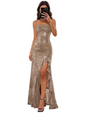 Sparkly Sequin Spaghetti Straps Prom Dresses 2026 Long Ruffles Pleated Formal Evening Dress with Slit