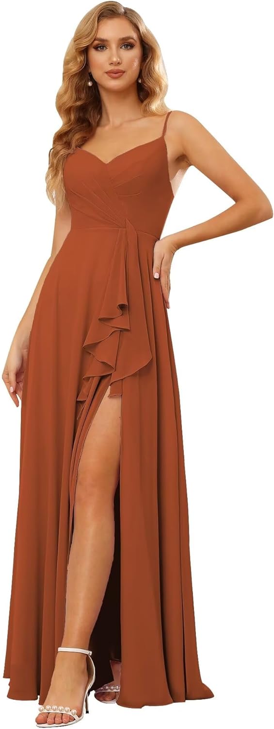 Vestidos de dama de honor largos de gasa con tirantes finos y bolsillos, vestidos formales con volantes y abertura para mujer 