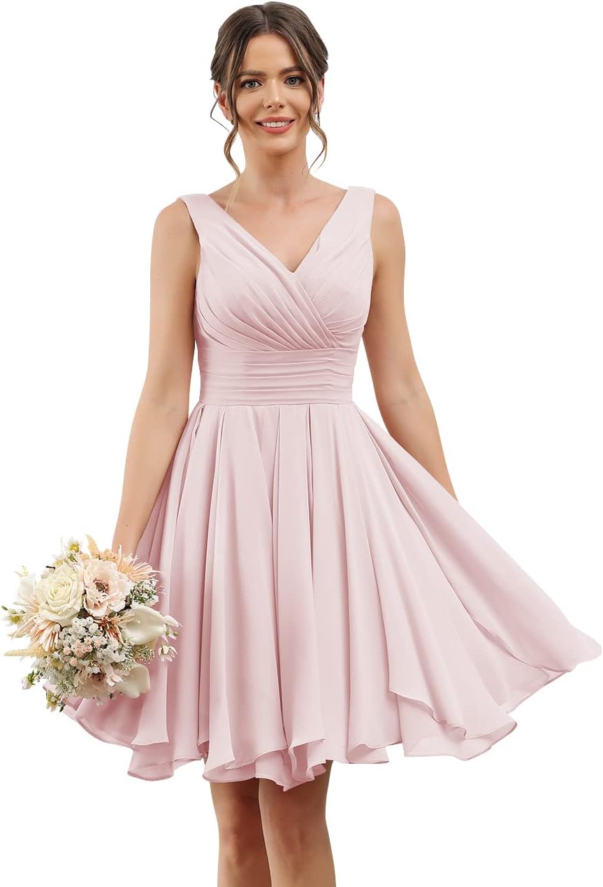 Double V Neck Short Bridesmaid Dresses for Women 2025 Chiffon A Line Formal Evening Gowns with Pockets