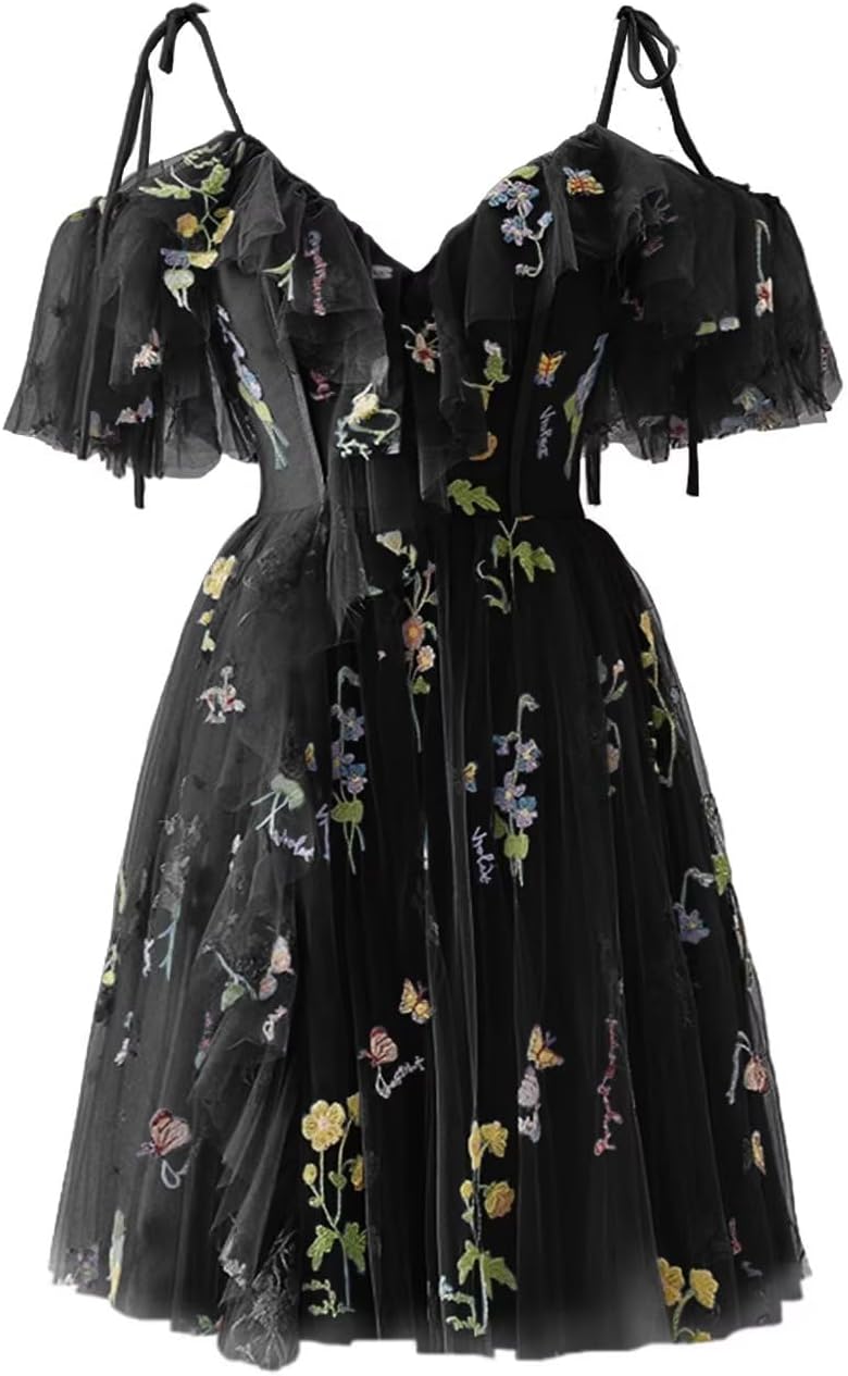 Vestidos de fiesta cortos de tul con bordado floral para mujer, vestidos formales para adolescentes 