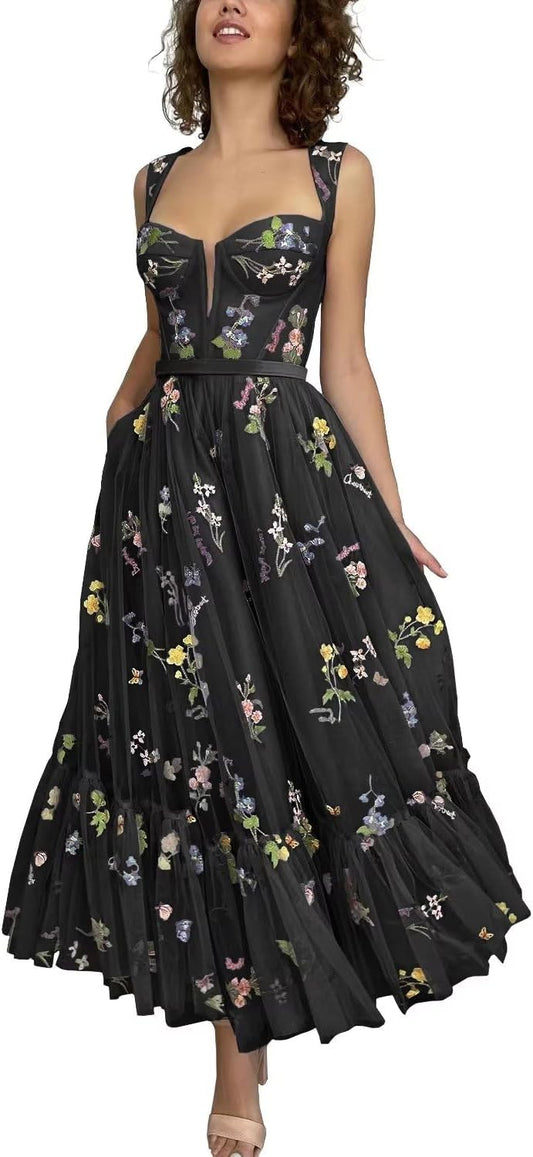 Vestidos de tul con bordado floral para mujer 2024, vestidos formales de fiesta de noche 
