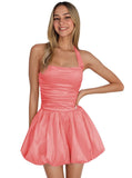 Satin Halter Homecoming Dresses for Teens Short Prom Dress 2027 Flower Bud Ruched Formal Cocktail Gown with Pockets