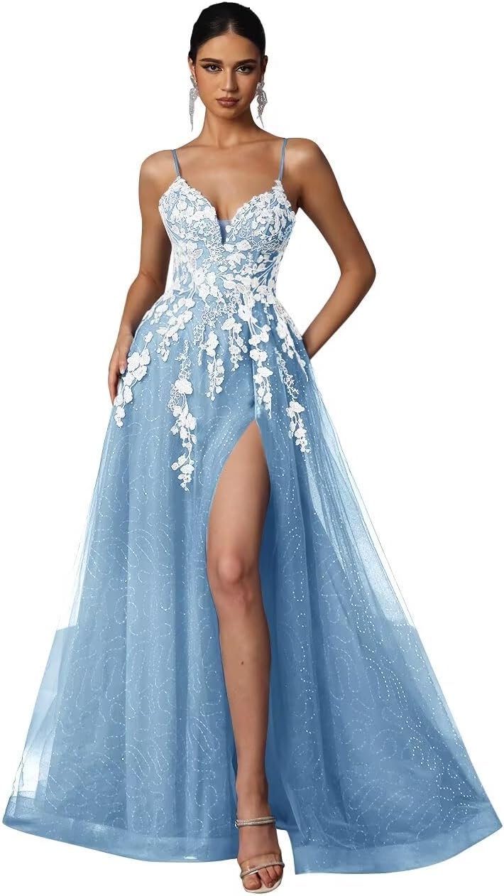 Tulle Prom Dresses 2027 Puffy Ball Gown for Women Formal V Neck Lace Appliques Evening Gown with Slit Long Homecoming Dress