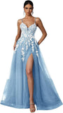 Tulle Prom Dresses 2027 Puffy Ball Gown for Women Formal V Neck Lace Appliques Evening Gown with Slit Long Homecoming Dress