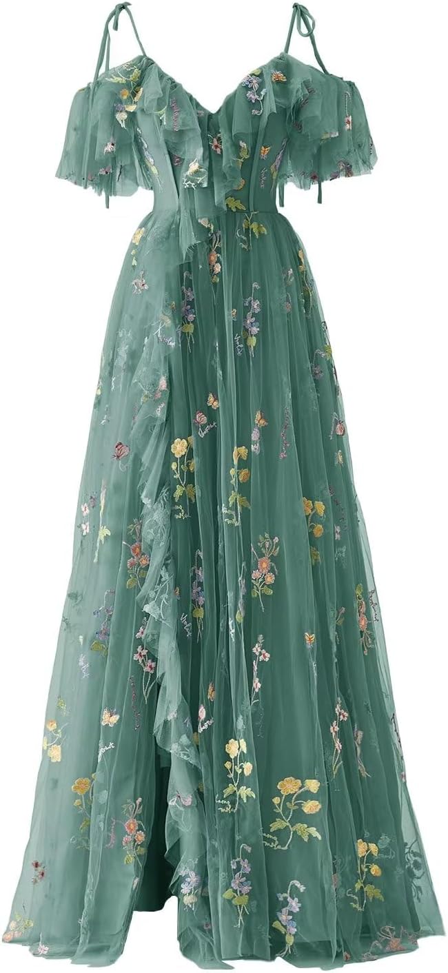Vestidos de fiesta de tul con bordado floral para mujer, tirantes finos, largos, formales, de noche, 2024 