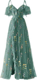 Vestidos de fiesta de tul con bordado floral para mujer, tirantes finos, largos, formales, de noche, 2024 