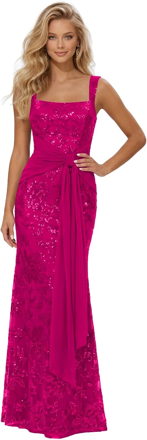 Lace Sequin Spaghetti Straps Prom Dress Long Ball Gown 2026 Mermaid Front Tie Backless Formal Evening Gowns