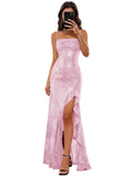 Sparkly Sequin Spaghetti Straps Prom Dresses 2026 Long Ruffles Pleated Formal Evening Dress with Slit