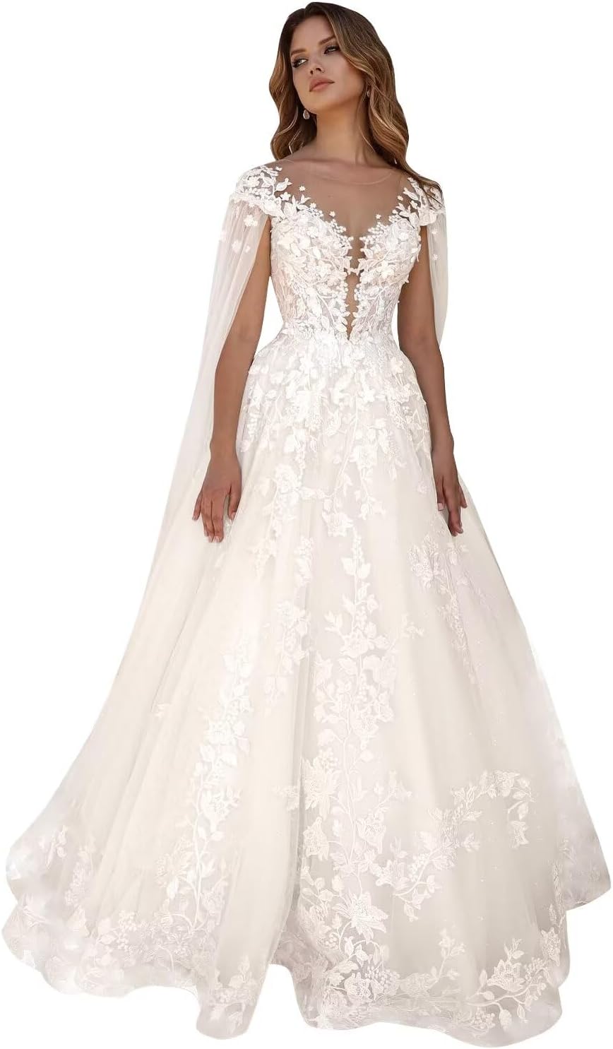 Kingbridal Gowns Lace Appliques Wedding Dresses for Bride Long V Neck Tulle Chiffon A-line Sleeveless Bridal Ball Gown for Women