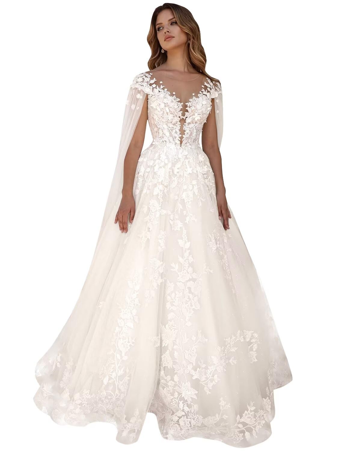 Kingbridal Gowns Lace Appliques Wedding Dresses for Bride Long V Neck Tulle Chiffon A-line Sleeveless Bridal Ball Gown for Women