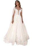 Kingbridal Gowns Lace Appliques Wedding Dresses for Bride Long V Neck Tulle Chiffon A-line Sleeveless Bridal Ball Gown for Women