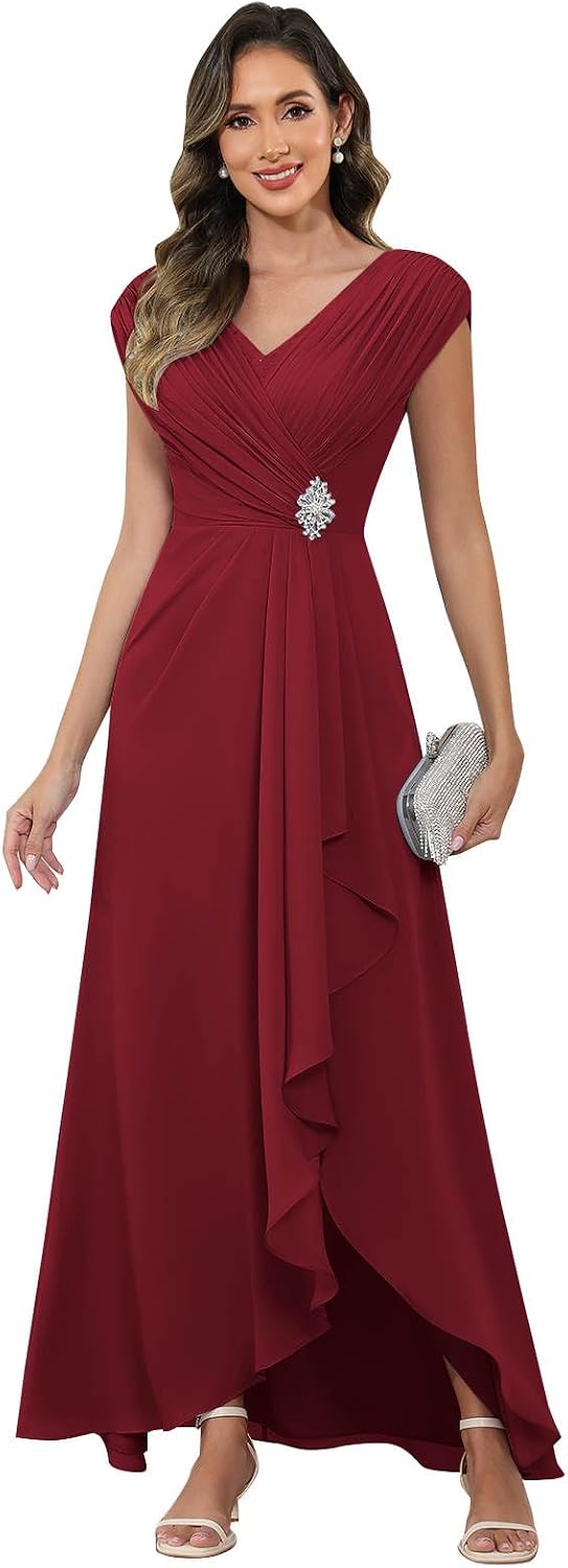 Cap Sleeve Mother of The Bride Dresses Chiffon V Neck Beaded Ruffles A Line Long Formal Evening Dress