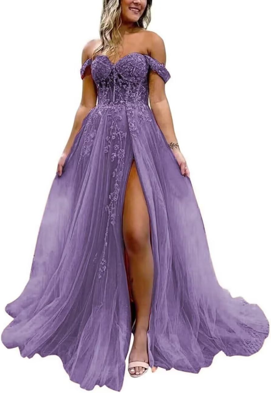 Off The Shoulder Tulle Prom Dress with Laces Applique A-line Slit Long Ball Gowns Glitter Formal Evening Dress