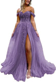 Off The Shoulder Tulle Prom Dress with Laces Applique A-line Slit Long Ball Gowns Glitter Formal Evening Dress