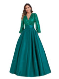 Satin Mother of Bride Dresses Long for Women Sequin Long Sleeve Evening Gown with Pockets