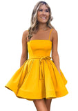 Women’s Short Satin Spaghetti Straps Formal Homecoming Dresses A Line Corset Puffy Prom Gown with Pockets for Teens