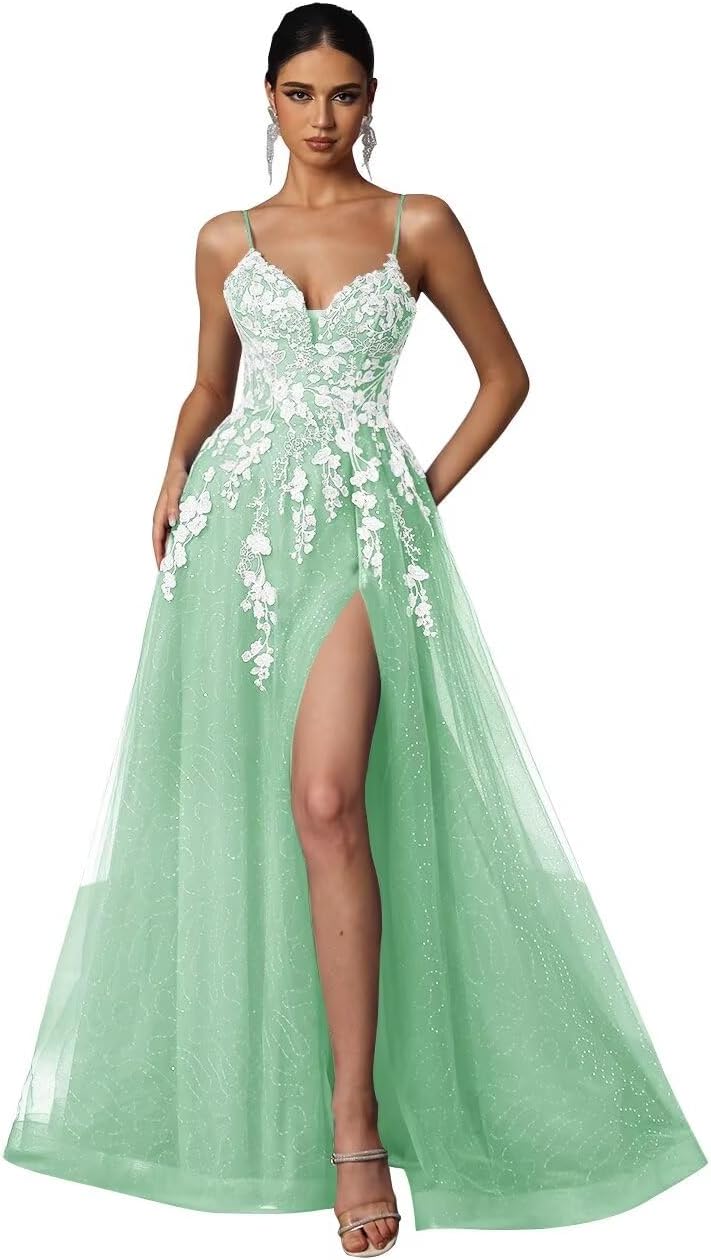 Tulle Prom Dresses 2027 Puffy Ball Gown for Women Formal V Neck Lace Appliques Evening Gown with Slit Long Homecoming Dress
