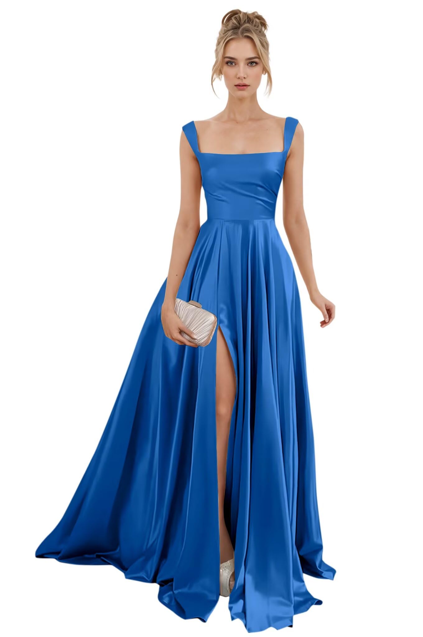 Spaghetti Straps Satin Bridesmaid Dresses for Women Long A-Line Square Neck Formal Evening Party Gown with Slit