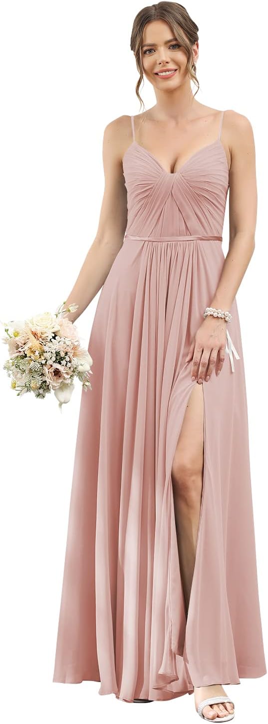 Vestidos de dama de honor largos con tirantes finos y bolsillos, plisados, formales, de noche, con abertura 