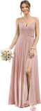Vestidos de dama de honor largos con tirantes finos y bolsillos, plisados, formales, de noche, con abertura 
