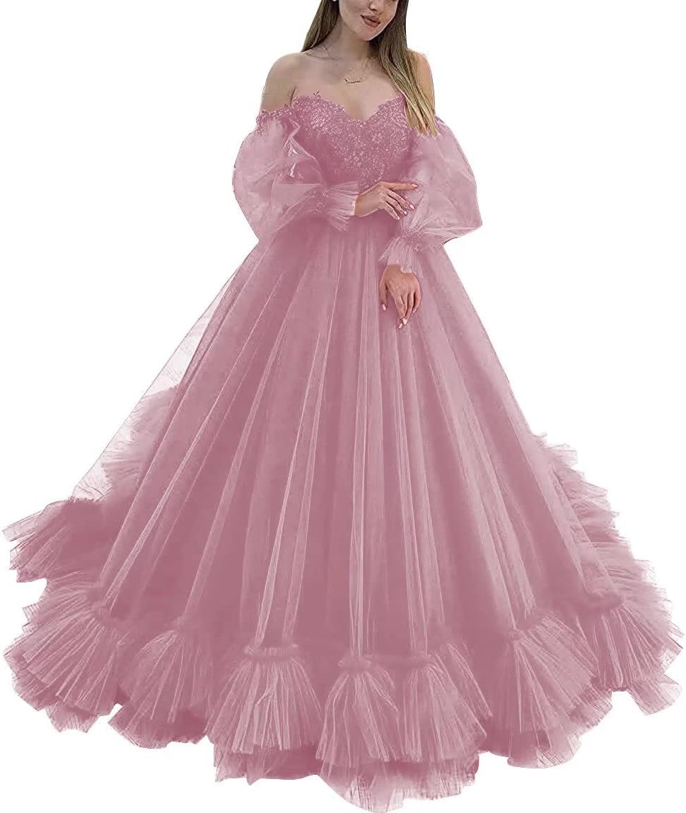 Off Shoulder Lace Appliques Ball Gown Quinceanera Dresses Long Sleeve Wedding Dress Bridal Gowns