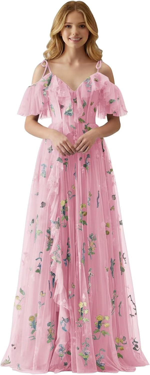 Fairy Tulle Junior Bridesmaid Dresses for Teen Girls Long Flower Embroidery Formal Prom Flower Girl Dress Gown with Slit